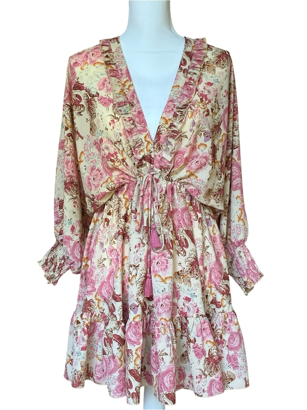Aakaa Light‎ Pink Floral Feminine Ruffle Adjustable Tie-Waist Mini Dress Boho S